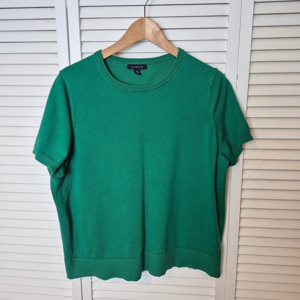 Lands' End Knit Top Short‎ Sleeve Crew Neck Green Casual Comfy 1X
